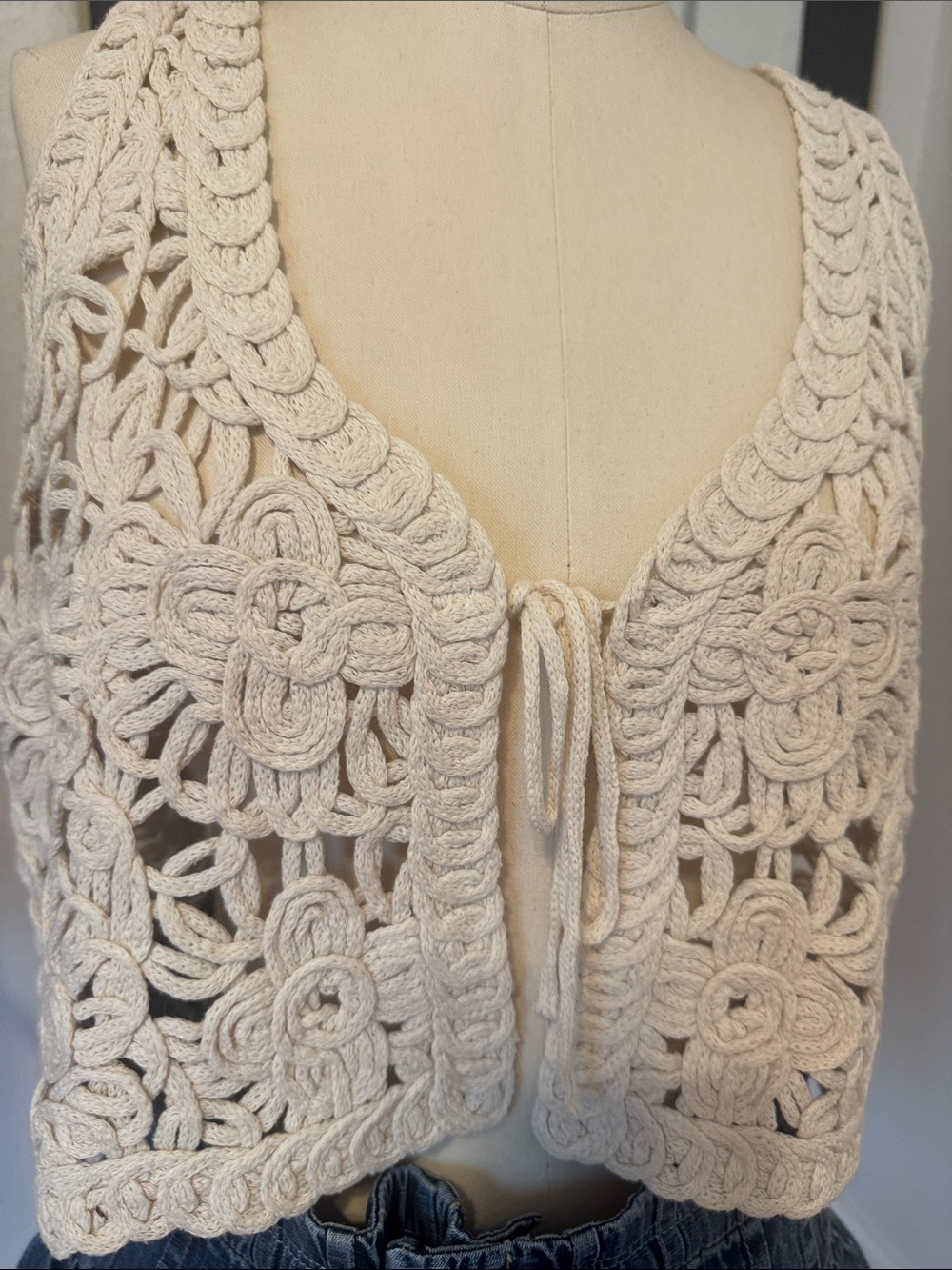 Altar'd State Cream Crochet Floral Tie-Front Tank